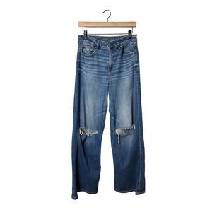 American Eagle Super High-Rise Baggy Wide Leg Distressed Jeans Blue 4 Regular